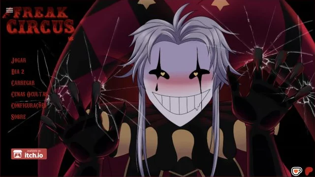Tela de título de The Freak Circus com Pierrot e as opções do jogo